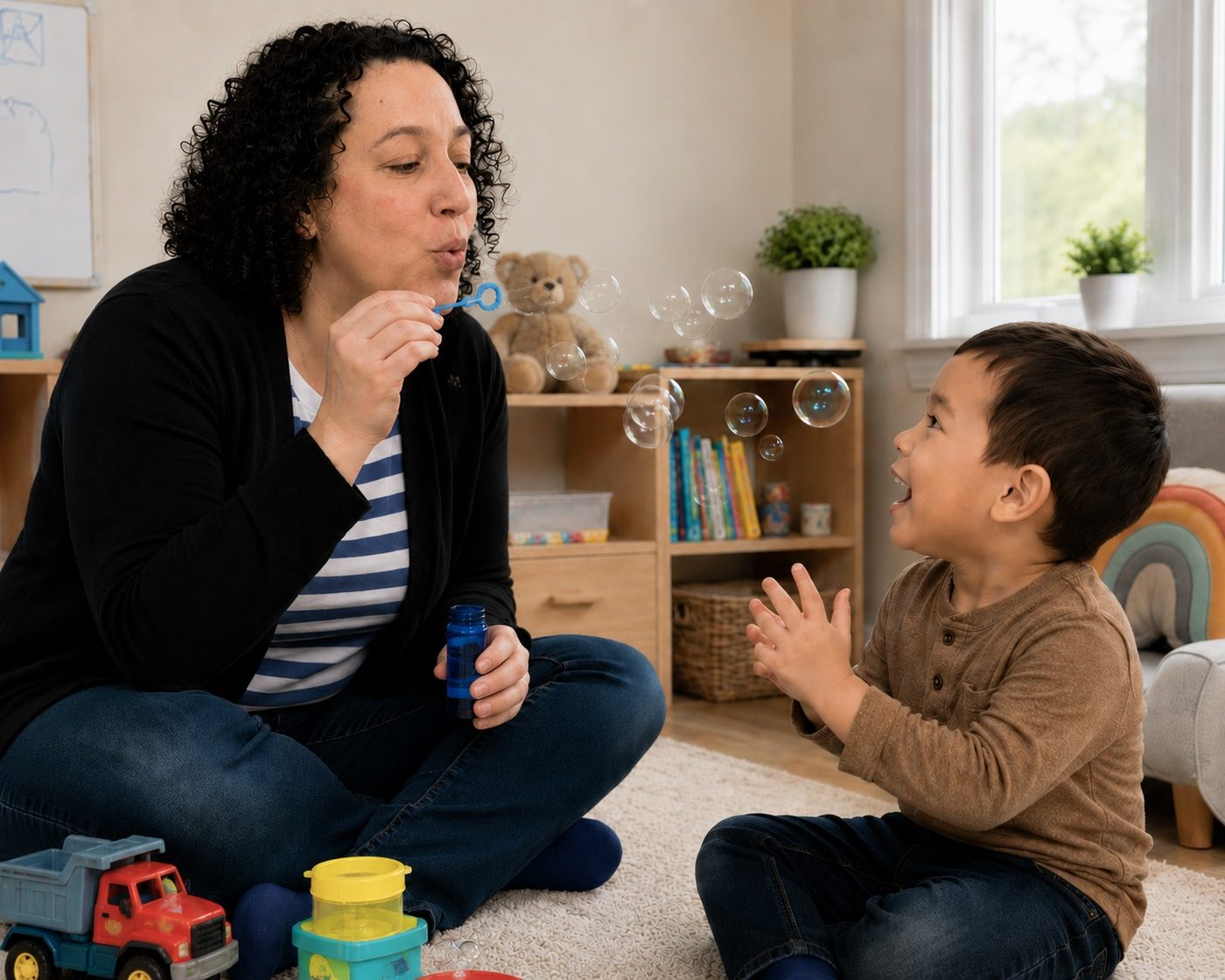 Cynthia blowing bubbles with a child during a playful session
