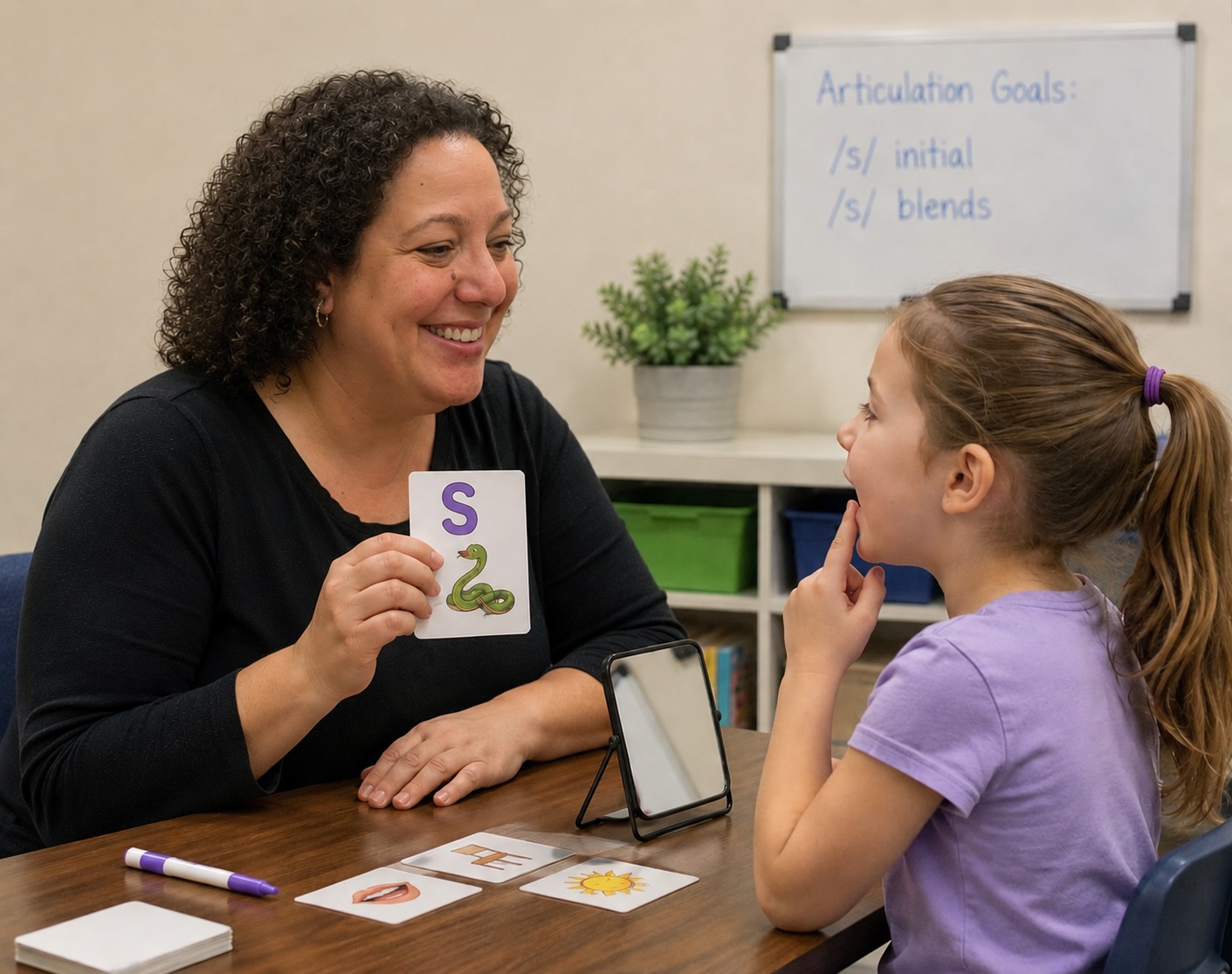 Cynthia guiding a child through /s/ articulation practice with cards and a mirror
