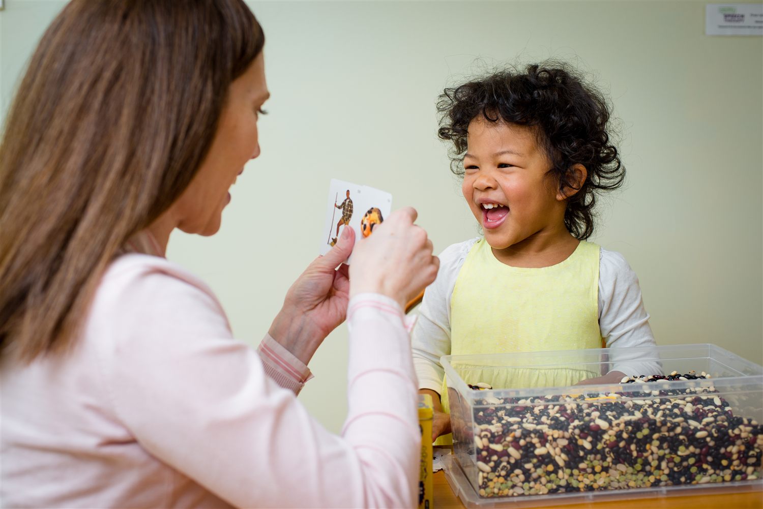 Speech-language pathologist working with a young child during a play-based session